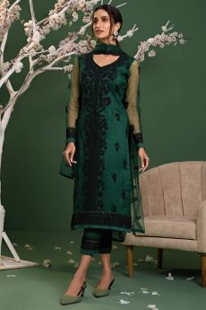 Bottle Green Net Embroidered Suit Set