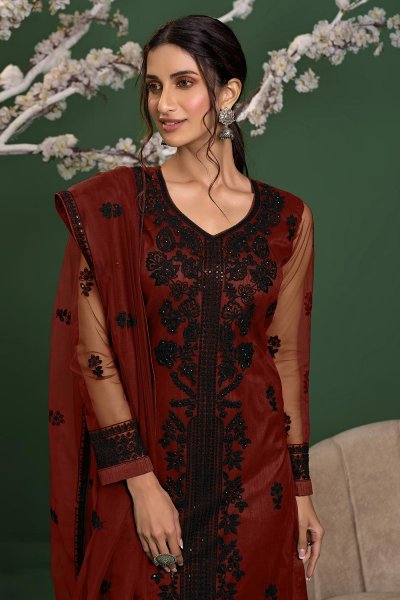 Red Net Embroidered Suit Set