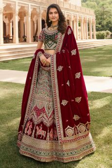 Deep Red Bridal Velvet Embroidered Lehenga