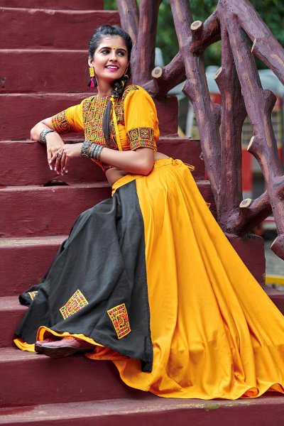 Black & yellow Embellished Cotton Lehenga Set For Navratri