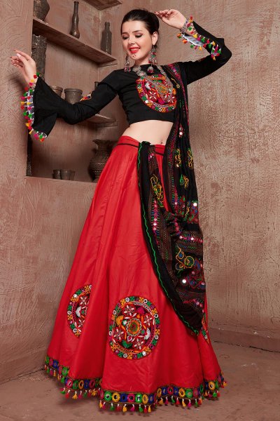 Red & Black Embellished Cotton Lehenga Set For Navratri