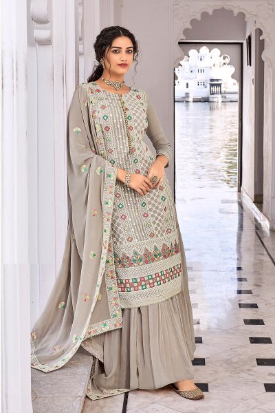 Grey Georgette Embroidered Salwar Suit