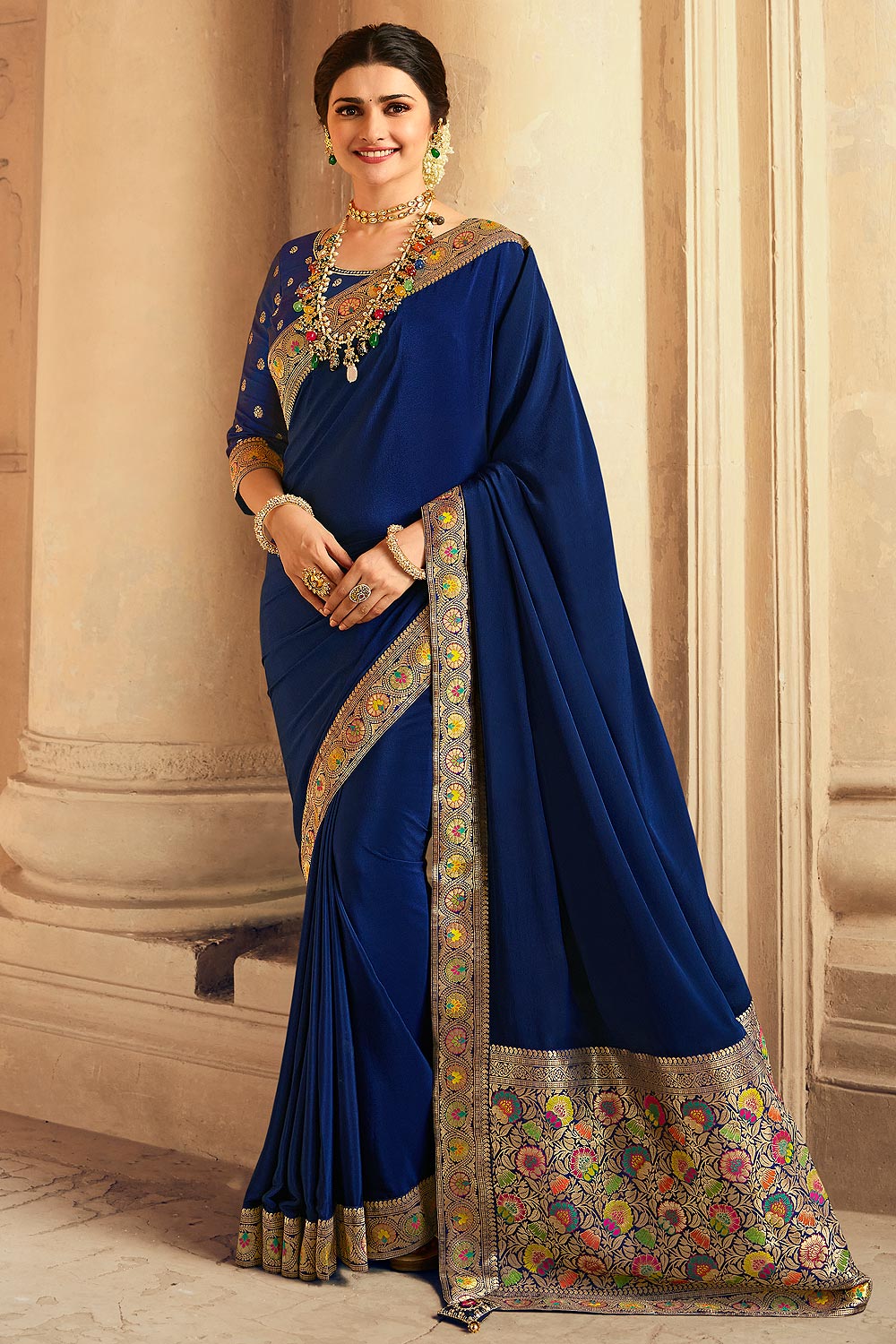 Royal Blue Crepe Silk Saree With Banarasi Border