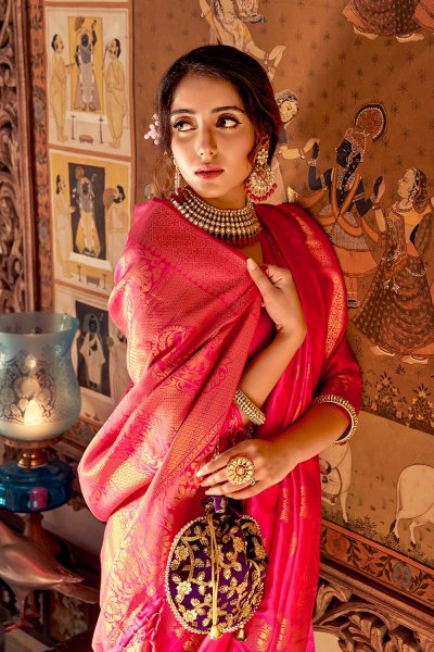 Pink Handloom Weaved Banarasi Silk Saree