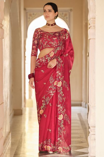 Red Embellished Organza Silk Saree