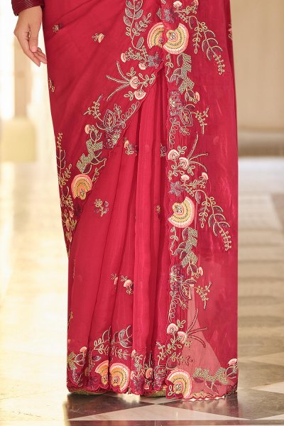 Red Embellished Organza Silk Saree