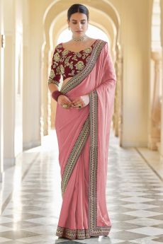 Peachish Pink Embellished Organza Silk Saree