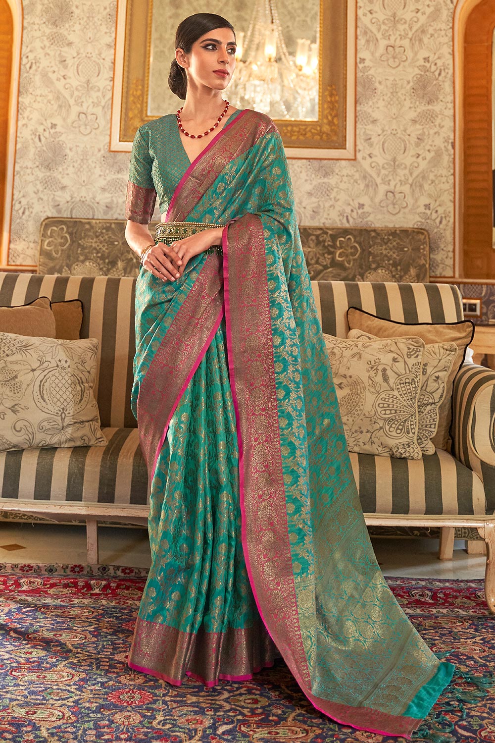 Turquoise Green Tussar Silk Weaved Saree