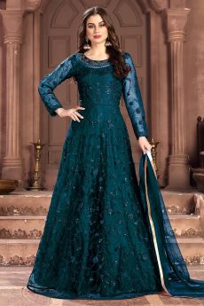 Teal Blue Net Embellished Anarkali Dress