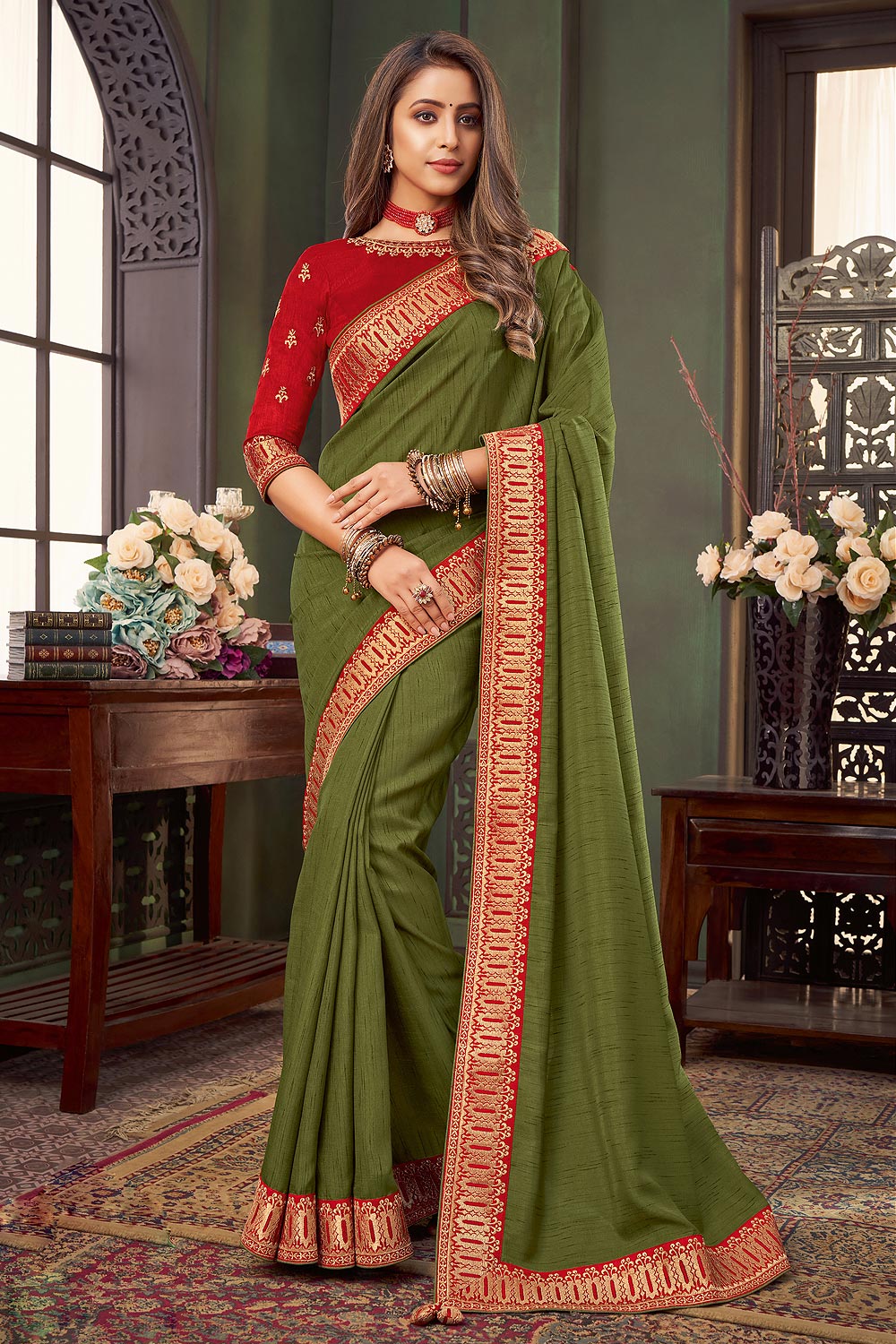 Mehendi Green Bordered Silk Saree