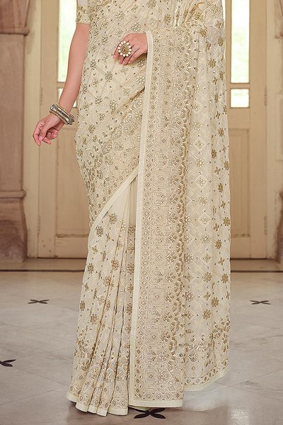 Off White Georgette Embellished Saree