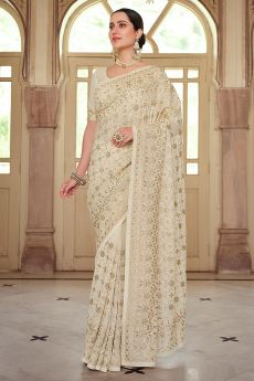 Off White Georgette Embellished Saree