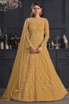 Mustard Yellow Butterfly Net Embellished Anarkali Set