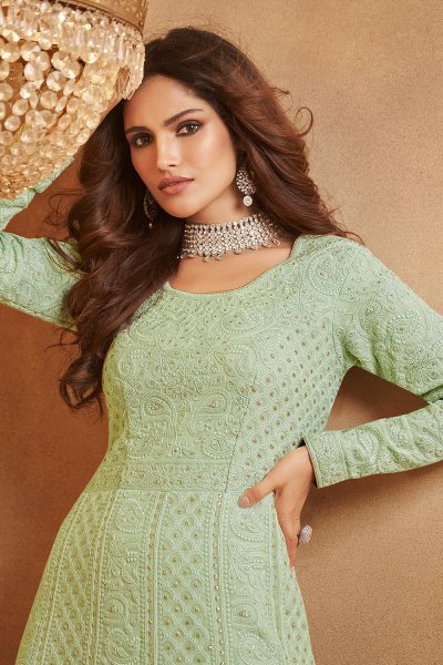 Pista Green Georgette Embroidered Anarkali Dress