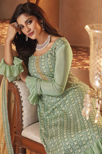 Pista Green Georgette Embroidered Sharara Suit