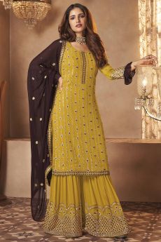 Mustard Yellow Georgette Embroidered Sharara Suit