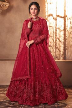 Red Net Embellished Anarkali Dress
