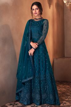 Prussian Blue Net Embellished Anarkali Dress