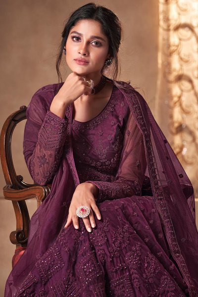 Plum Net Embellished Anarkali Dress