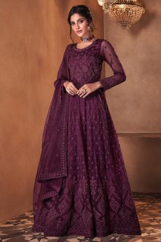Plum Net Embellished Anarkali Dress