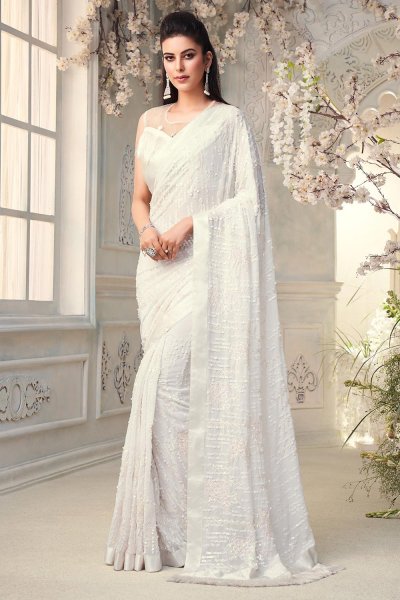 Buy Ready To Wear White Georgette Saree ...