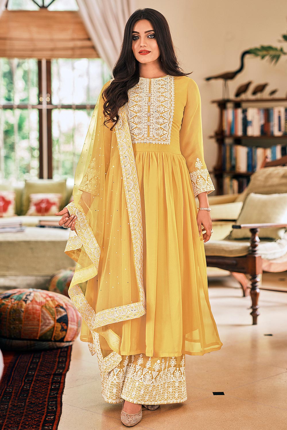 Ready To Wear Yellow Georgette Embellished Anarkali Suit