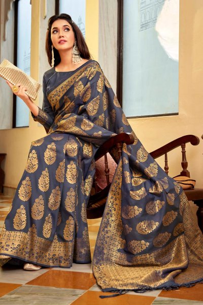 Blue-Grey Zari Weaved Handloom Silk Saree
