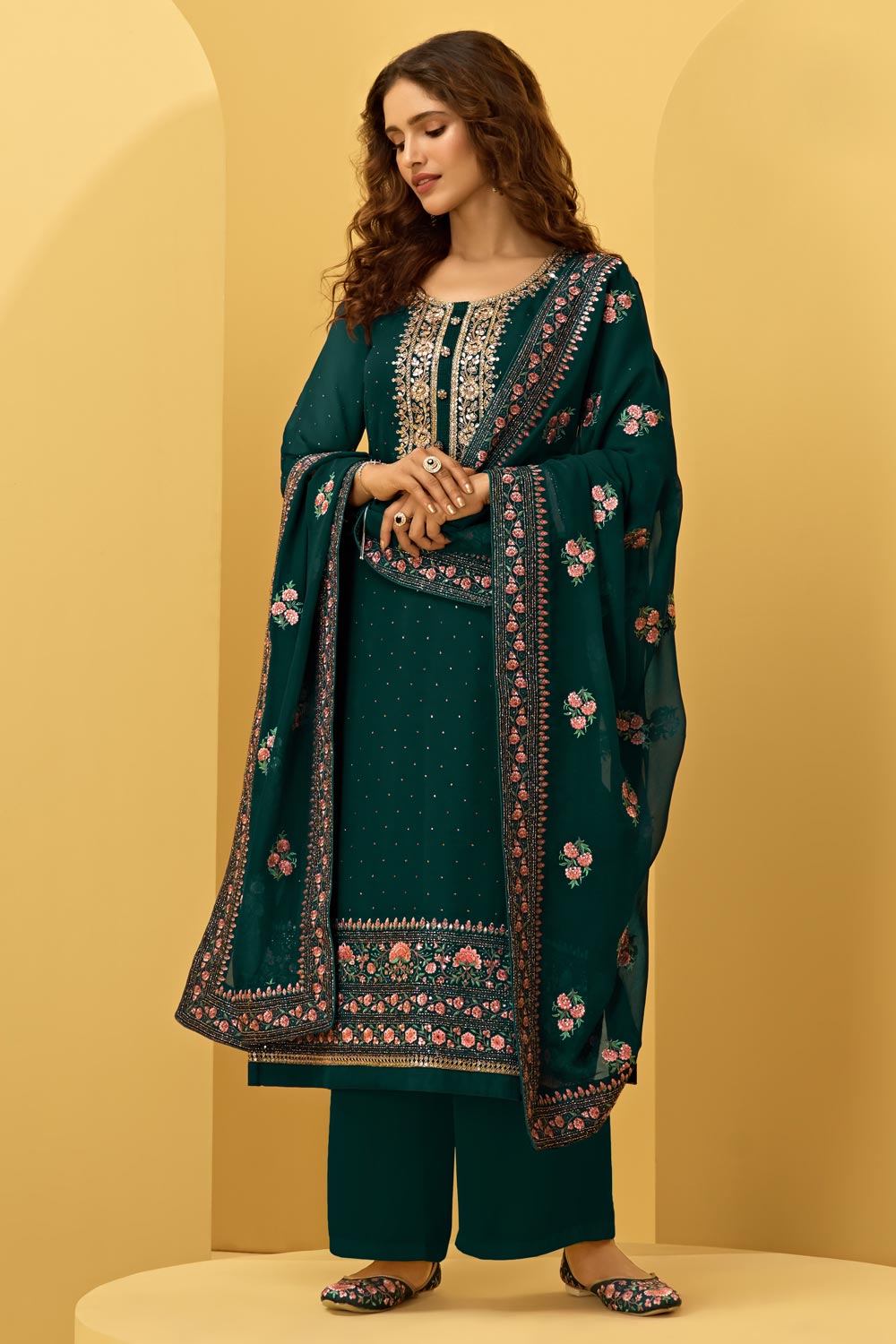 Bottle Green Georgette Embroidered Suit With Palazzo