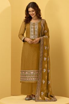 Mustard Yellow Georgette Embroidered Suit With Palazzo