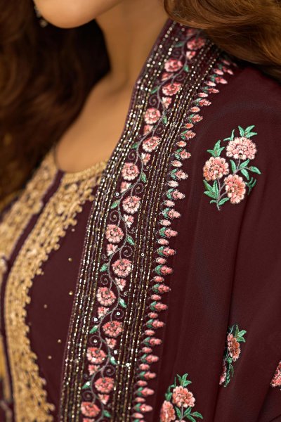 Wine Red Georgette Embroidered Suit With Palazzo
