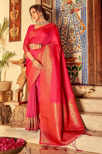 Red-Pink Handloom Weaved Banarasi Silk Saree