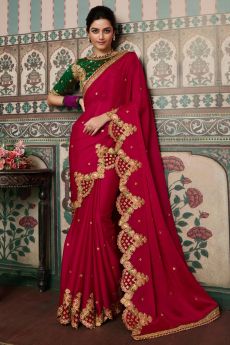 Red Pink Silk Based Embellished Saree