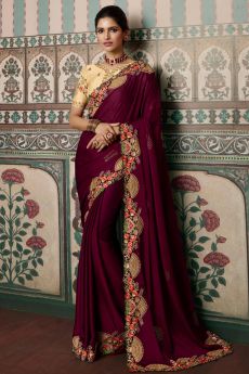 Wine Red Silk Based Embellished Saree