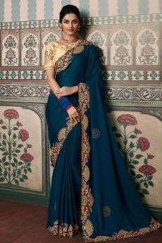 Prussian Blue Silk Based Embellished Saree