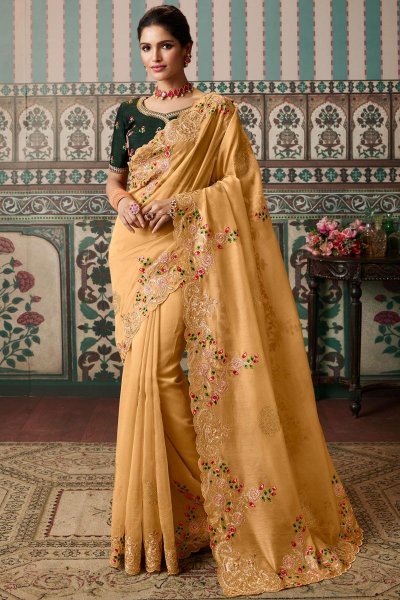 Pale Yellow Silk  Embellished Saree
