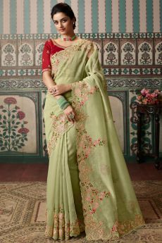 Pista Green Silk  Embellished Saree
