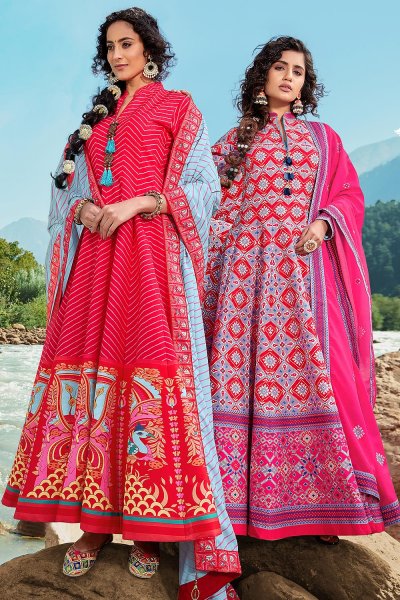 Ready To Wear Red Silk Patola Print Anarkali Dress