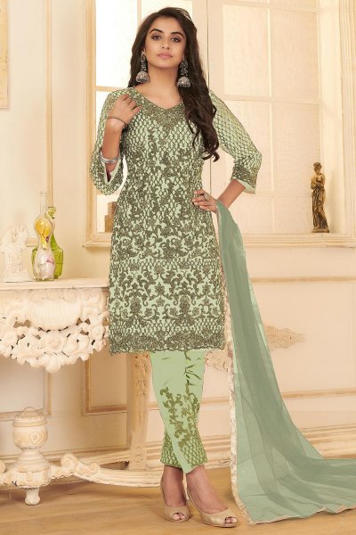 Mint Green Net Embroidered Suit