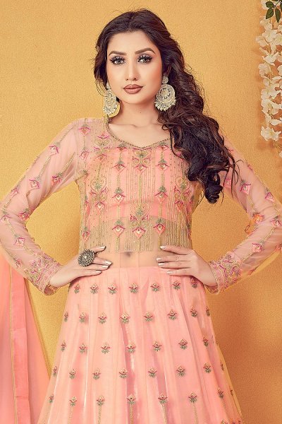 Peach Net Embroidered Anarkali Suit