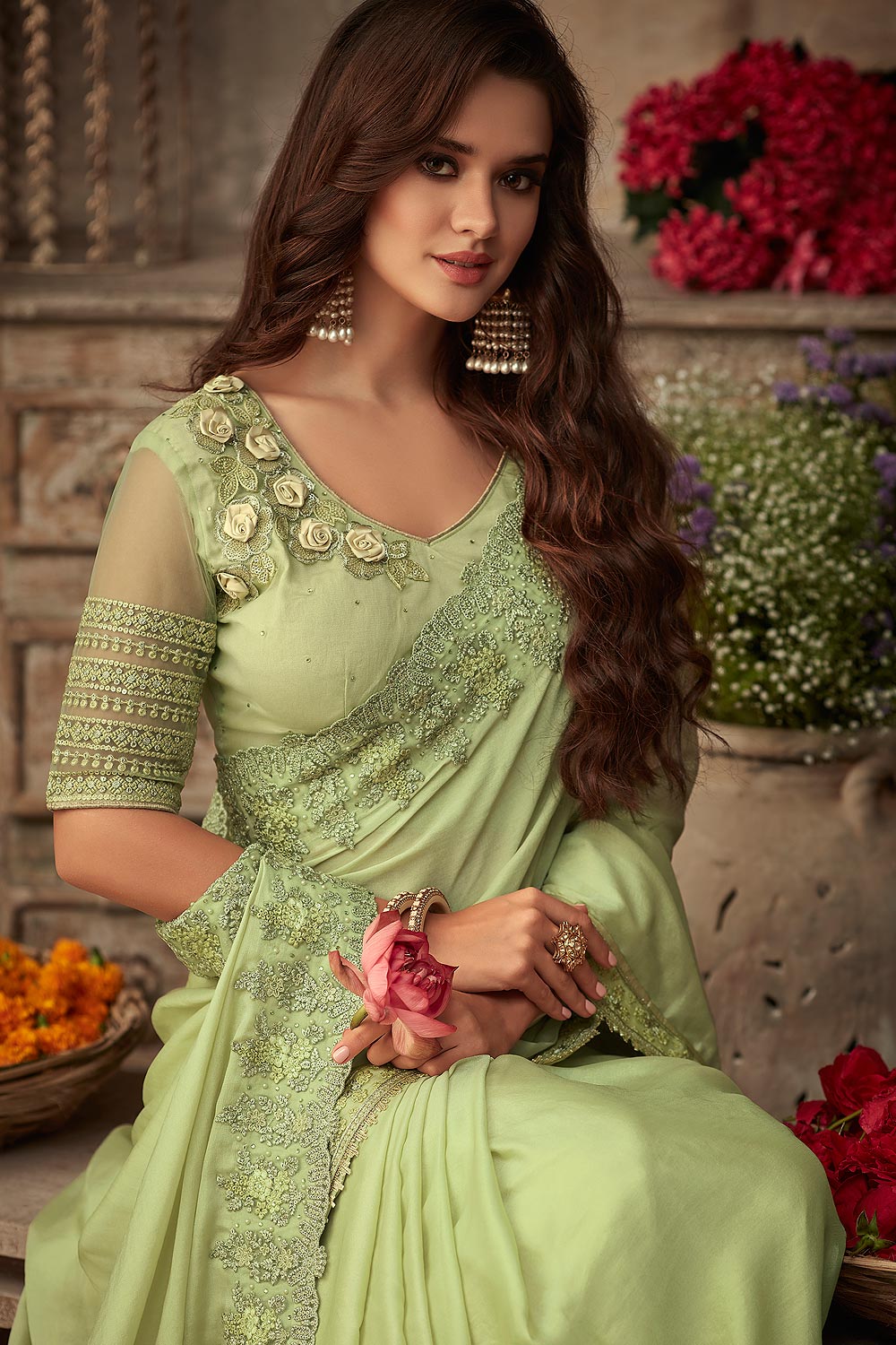 Buy Pista Green Silk Saree Online | Like A Diva