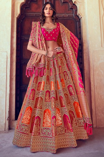 Pink Banarasi Silk Embroidered Lehenga