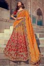 Red & Orange Banarasi Silk Embroidered Lehenga