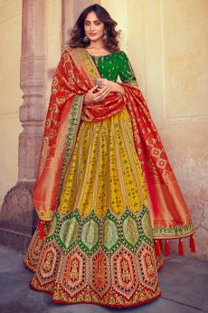 Yellow & Red Banarasi Silk Embroidered Lehenga