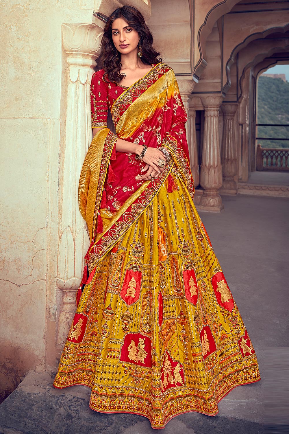 Yellow Banarasi Silk Embroidered Lehenga