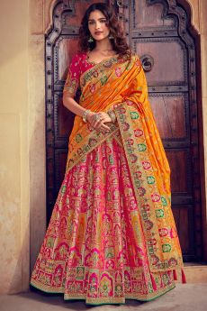 Pink & Orange Banarasi Silk Embroidered Lehenga