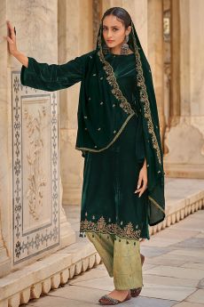 Ready To Wear Bottle Green Velvet Suit With Kashmiri Jamawar Pants