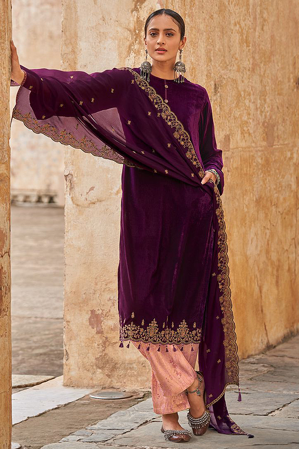 Buy Ready To Wear Plum Velvet Suit With 