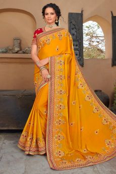 Yellow Silk Based Embellished Saree