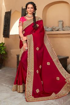 Deep Red Silk Based Embellished Saree