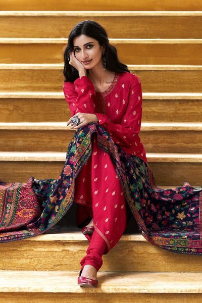 Ready To Wear Pink Viscose Silk Weaved A-line Kurta With Kashmiri Kani Dupatta